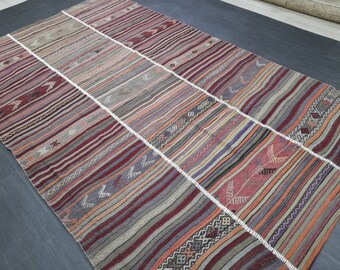 6x10 Vintage Rug Oriental Wool Rug Vintage Flat woven Rug Flatweave Carpet , Stripped Rug Handmade Boho Rug Farmhouse Rug Turkish Kilim Rug