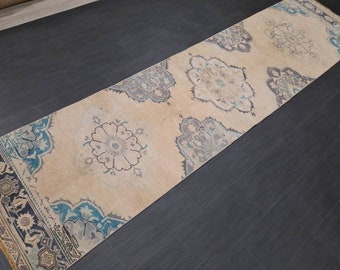 Gedempt Vintage Oushak Runner Vloerkleed 2.8 x 11.3 Gedempt Turks Runner Rug XL Vintage Oriental Muted Runner Rug Gang Runner Zachte Wollen Runner