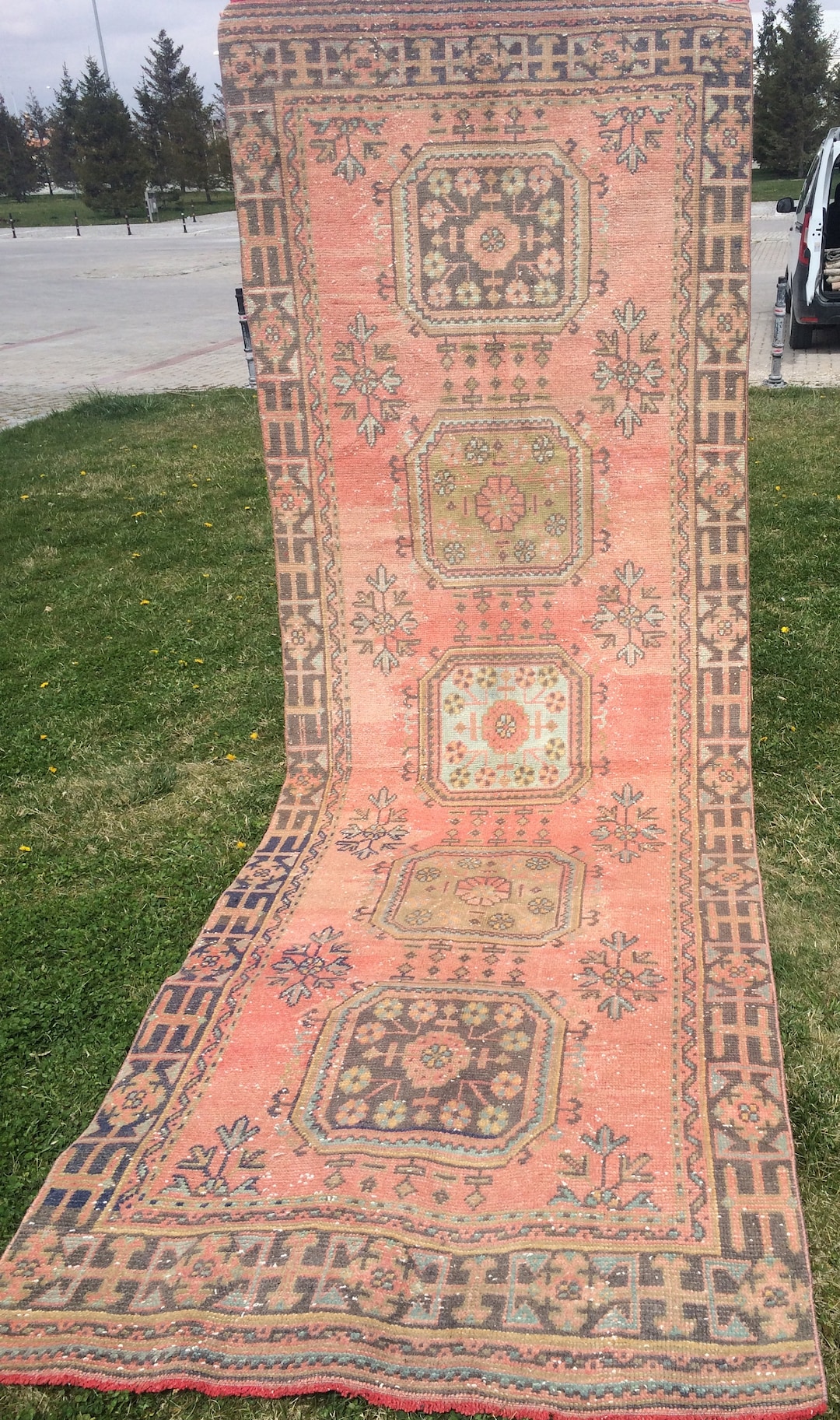 Vintage Turkish Runner Rug, 4x11 Oushak Runner Rug, Handmade Runner Rug