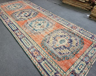 Distressed Runner Rug Vintage 4.2 x 10.9 Turkish Runner Rug Vintage Runner Rug Handmade Runner Rug Kitchen Runner Rug Persian Runner Rug