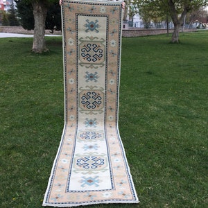 May include: A long, rectangular rug with a cream-colored central field and a patterned border. The border and central design feature geometric shapes in shades of blue, brown, and green. The rug is displayed outdoors on a grassy surface.
