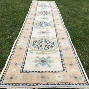 May include: A rectangular, cream-colored runner rug with a central design of geometric shapes in blue, brown, and green. The border is a light peach color with a repeating pattern, and the rug is placed on green grass.