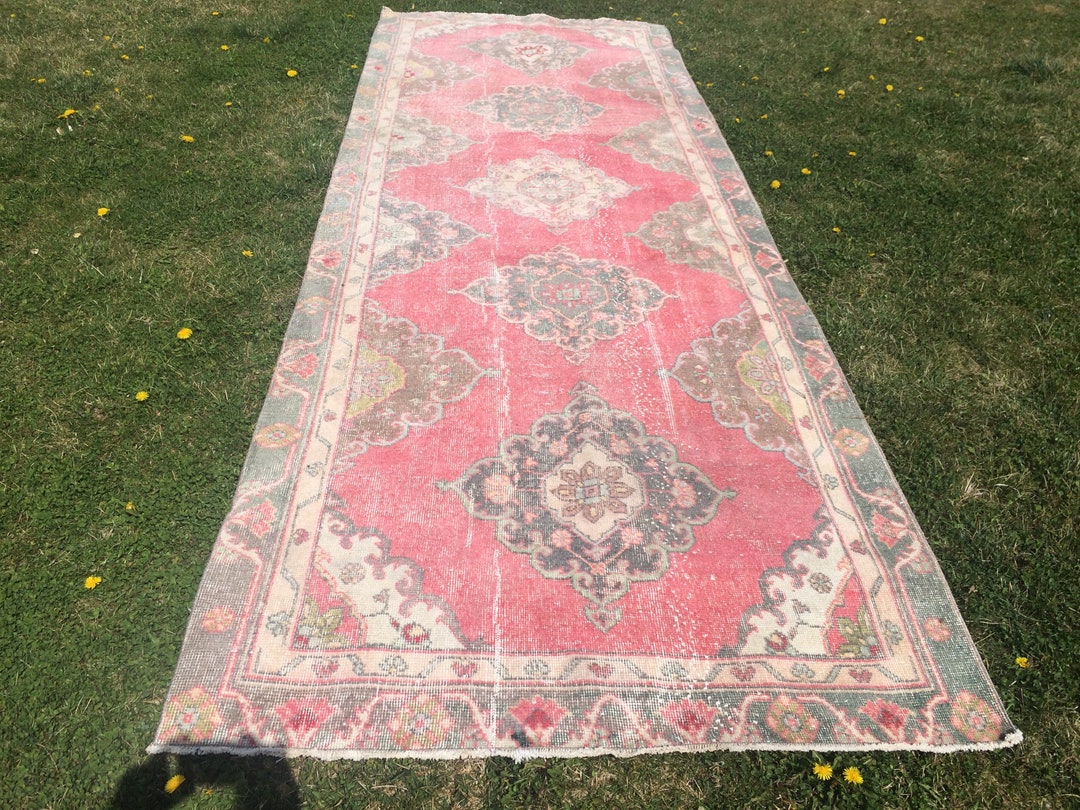 4x12 Vintage Runner Rugs, Muted Runner RUG, TURKISH Runner, Pink Runner