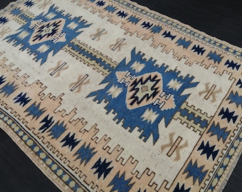 Oushak Runner Rug 6.2 x 4.1 Turkish Runner Rug Vintage Runner Rug Hallway Runner Rug Kitchen Runner Rug Blue Wool  Rug Wool Oushak Rug