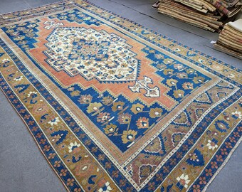 Hand Knotted Oushak Rug, 6.6 x 11.5 Vintage Rug, Handmade Turkish Rug, Persian Rug, Vintage Rug, Wool  Blue Large Rug