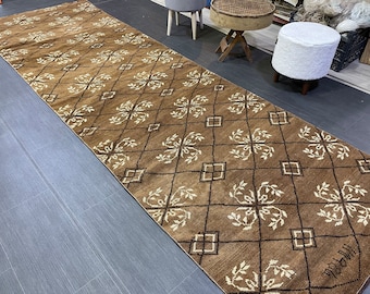 トルコ絨毯、ヴィンテージ 3.6 x 11.3 絨毯、ハンドメイド ウシャク絨毯、農家の絨毯、手織りウール絨毯、素朴な絨毯、ヴィンテージ トルコ絨毯