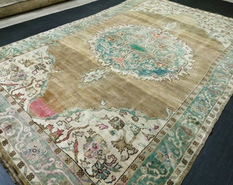 Hand Made Vintage RUG, Turkish Rug Large Area Rug, 6.7 x 10.8 VINTAGE Rug, Oushak  Rug,Hand Knotted Rug, Neutral Rug Antique Rug