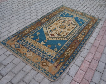 Blue Oushak Rug, Hand Knotted Turkish Wool Rug, Vintage