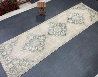 3.4 x 11.2 Faded Oushak Runner Rug Turkish Runner Rug Distressed Vintage Runner Rug Hallway Runner Kitchen Runner Wool Pastel Pink And Green