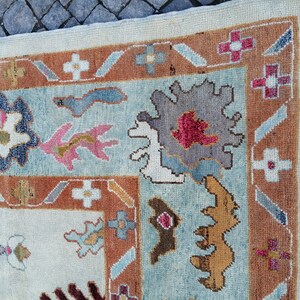May include: Close-up of a section of a patterned rug. The rug features a light blue central field with floral and geometric designs in shades of brown, pink, and gray. The border is a darker brown with repeating floral motifs.