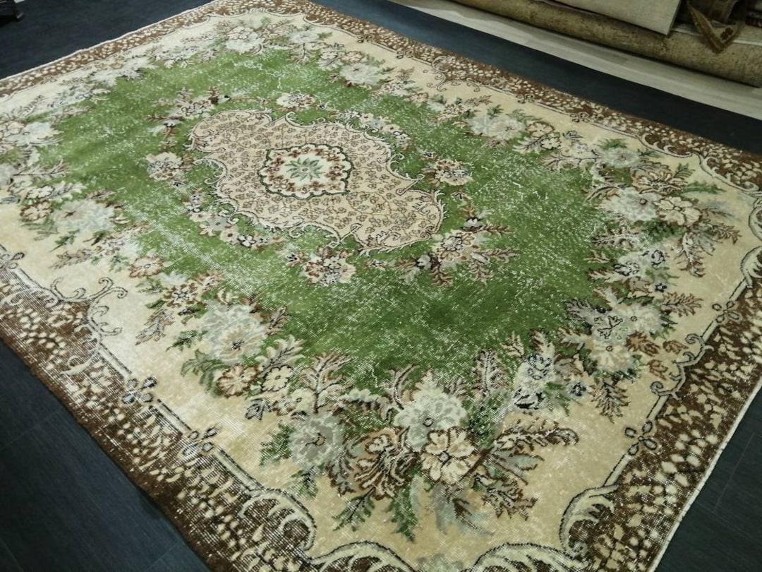 Green Turkish Rug 7x10 Large Area Rug Pastel Colors Vintage Rug Hand