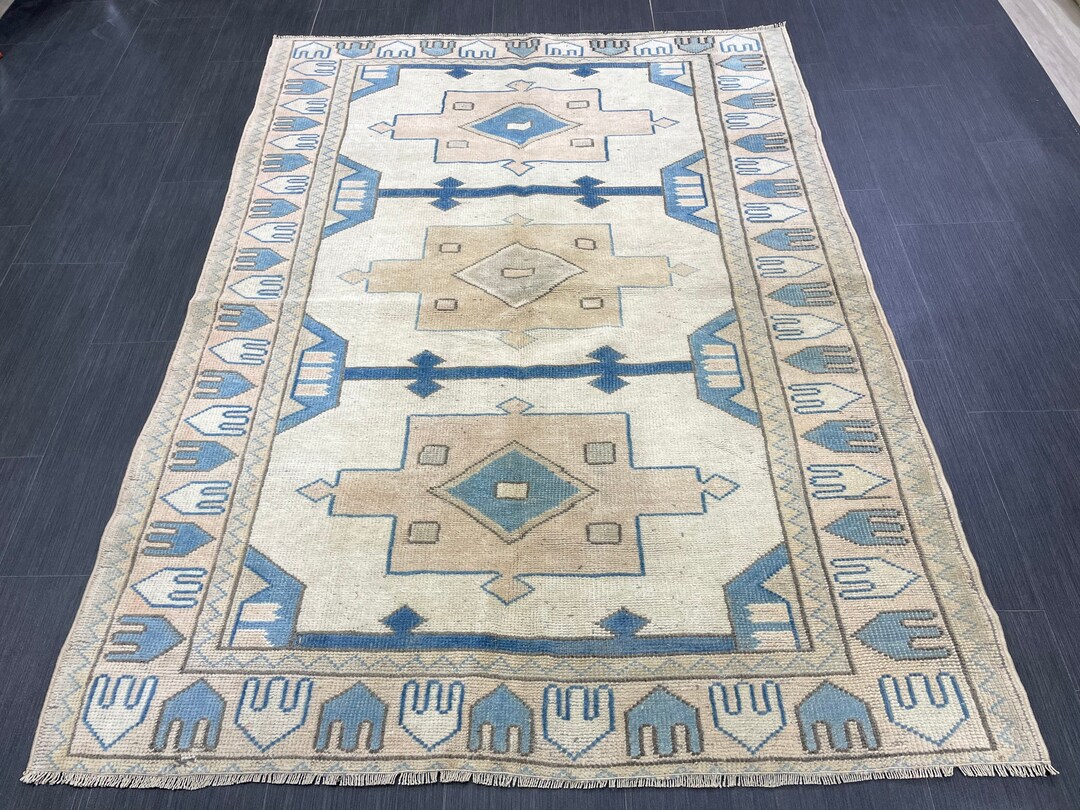 Vintage Blue Rug Muted 4.6 X 6.3 Vintage Rug Wool Light Blue Oushak Rug ...