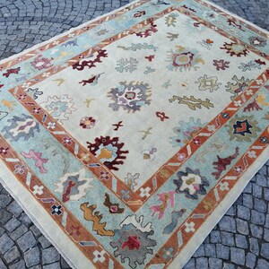 May include: A rectangular area rug with a cream-colored central field and a detailed border. The border features a light blue band with floral and geometric patterns, framed by a rust-colored band. The rug's design includes various colorful floral motifs.