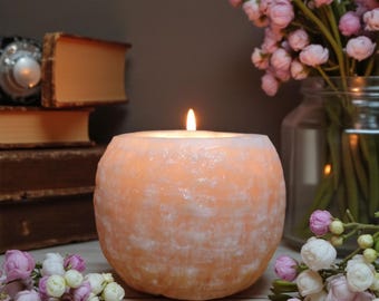 Vintage alabaster tealight holder – heavy natural stone candle holder with warm glow