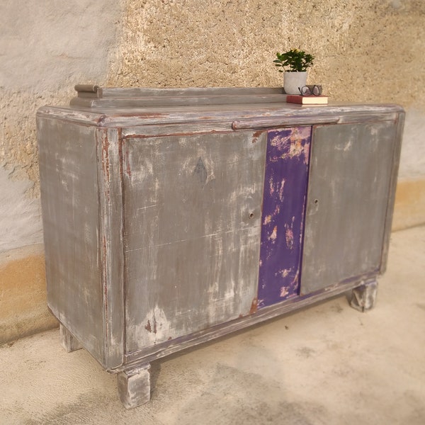 Ancienne grande commode shabby chic vintage buanderie armoire maison de campagne boîte romantique gris violet nostalgique bois années 30 vintage