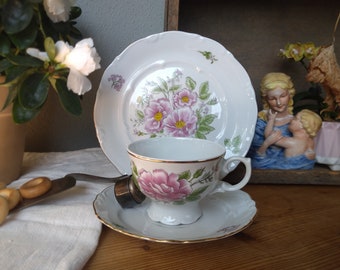 VEB Porzellanwerk LICHTE Porzellan Sammelgedeck Tasse Untere Kuchenteller shabby chic Geschirr Rosen Gold made in GDR 70er Jahrgang