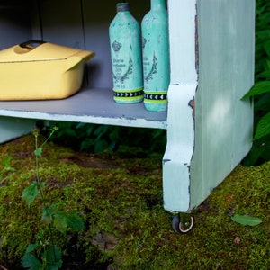 May include: A light blue wooden shelf unit with two shelves, a yellow ceramic casserole dish, and two green glass bottles with black and white labels. The shelf unit is on wheels and is sitting on a bed of moss.