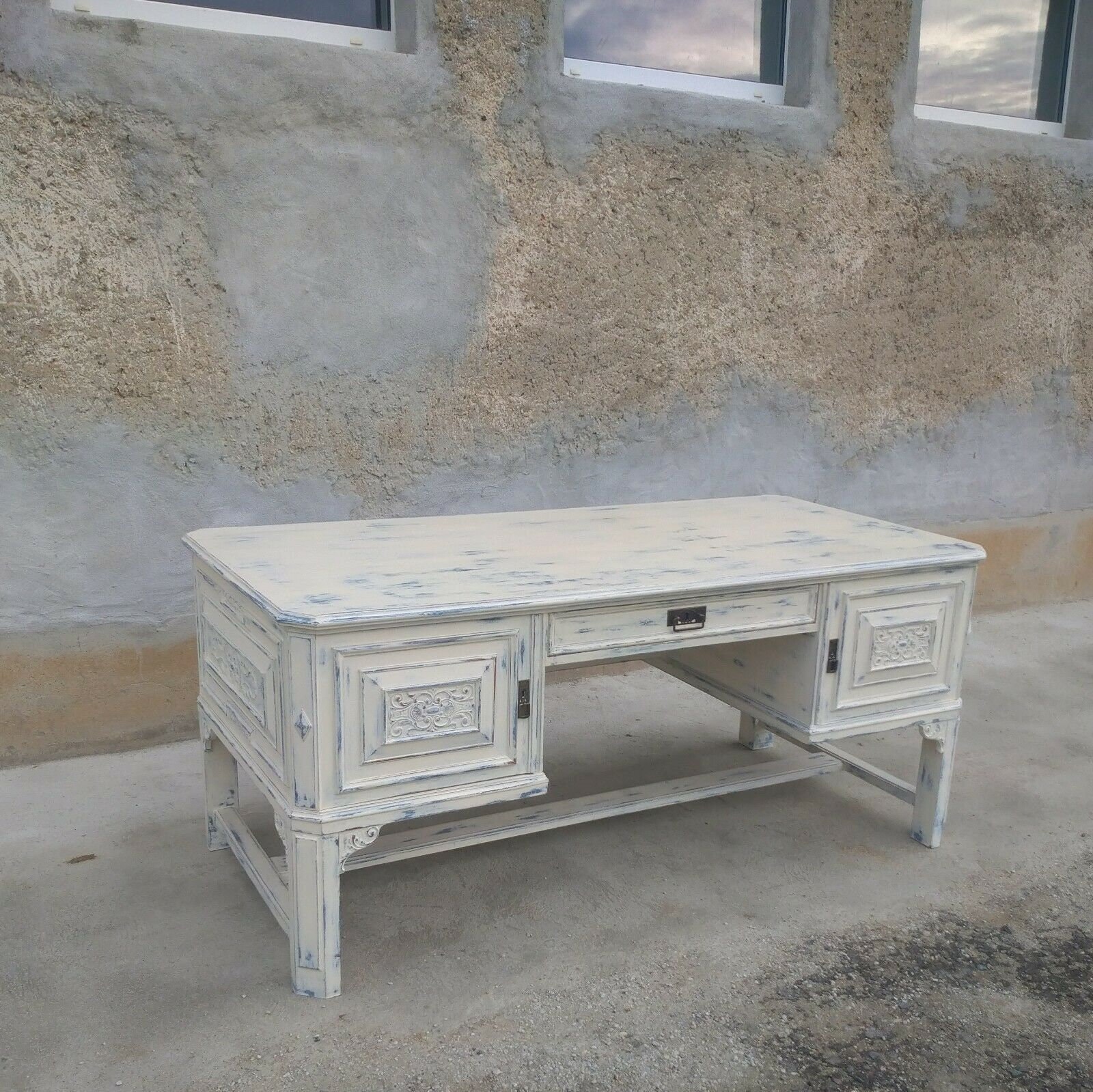 Grand Bureau Shabby Chic Vintage Années 50, Tiroirs Blancs Indépendants, Table Vintage, Pratique, Bureau, Magasin, Comptoir, Ameublement, Décoration