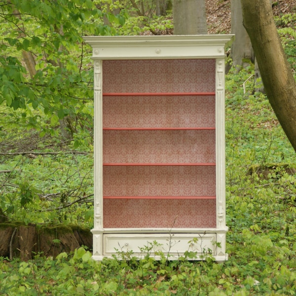 Einzigartiger antiker Schrank als Bücherregal mit Historische Tapete - Schrank in Shabby Chic Stil - Wohnzimmer Möbeln in Landhausstil