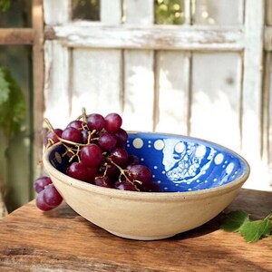 Könnte beinhalten: Eine blaue und weiße Keramikschüssel mit weißem Tupfenmuster und einem Blumendesign. Die Schüssel ist mit roten Trauben gefüllt und steht auf einem Holztisch.