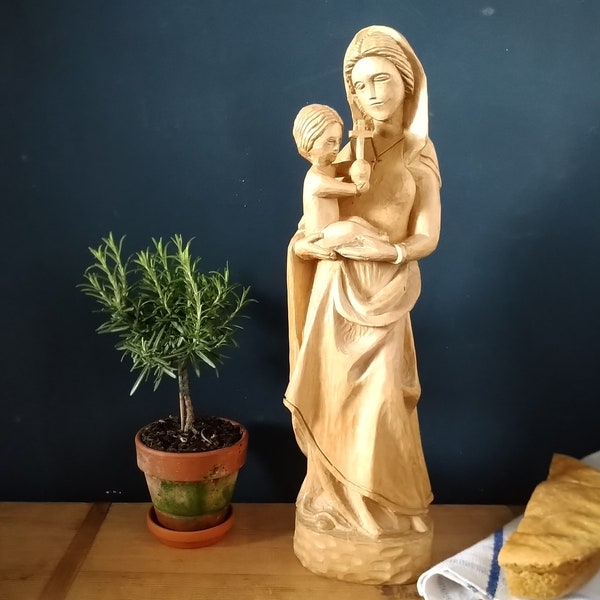 Vintage Mutter Maria mit Kind Madonna mit Jesus aus Holz naturbelassen handgefertigt handgeschnitzte ca 50cm