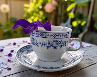 Kahla Vintage Porzellan Set – Tasse mit Untertasse aus der DDR, florales Kobaltdekor