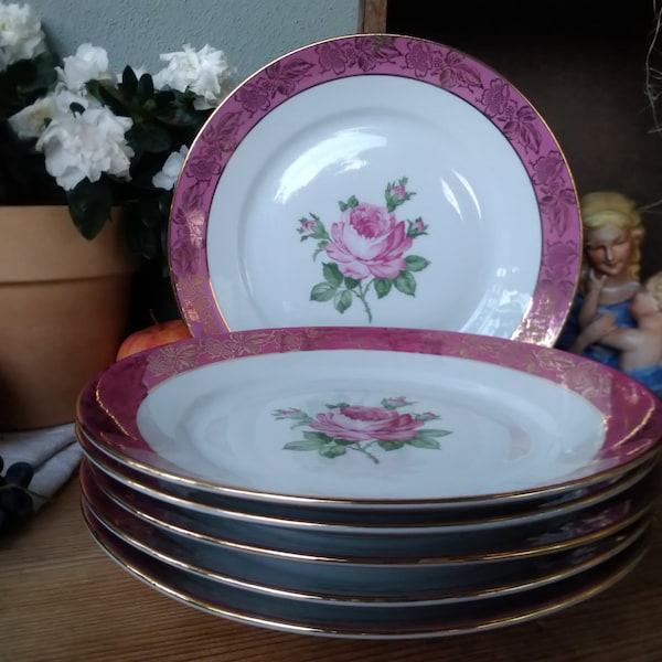 Vintage Porzellan aus Thüringen veb Eisenberg "Fortuna" 6x Speiseteller mit Rosendekor flache Teller shabby chic