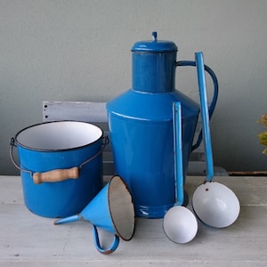 Old antique enamel blue and white 6-piece ladle, large jug, funnel pot, 1930s, shabby chic country house kitchen decoration, garden decoration