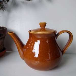 Op de afbeelding: Een bruine theepot van keramiek met een deksel en een handvat. De theepot heeft een rond lichaam en een licht uitlopende tuit.