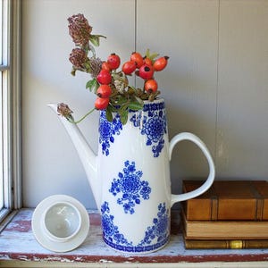 Può includere: Una brocca in ceramica bianca con un motivo floreale blu, piena di bacche rosse e fiori secchi. La brocca ha un lungo beccuccio e un manico. Un coperchio bianco è accanto. Due libri impilati sono a destra.