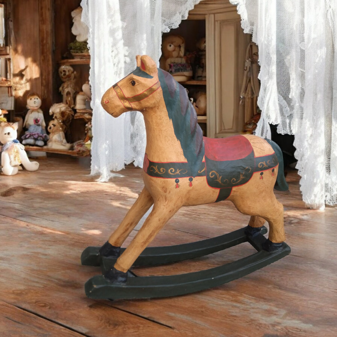 Petit Cheval Ancien En Carton Mâché Sur Plateau à Roulettes - 8 Cm - État écaillé