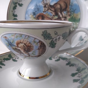 Wallendorfer Porcelain Collector&#39;s Place Setting Cup Saucer Cake Plate Shabby Chic GDR Tableware Hunting Motif 70s Germany Vintage Coffee Cup Green