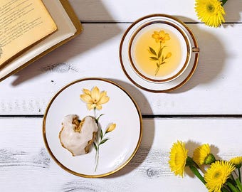 Winterling vintage collector's place setting with yellow blossom and gold rim – 3-piece porcelain from West Germany – shabby chic