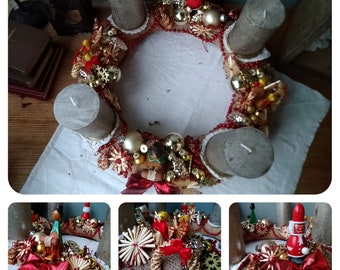 Adventskranz ca 43cm mit 4 Kerzen und Glaskugeln Weihnachten shabby chic Weihnachtsschmuck Deko Stroh Schmuck