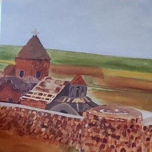 May include: A painting of a red brick building with a brown roof and a green field in the background. The building has a cross on top and a signature at the bottom that reads "Michael Richardson".
