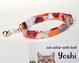 Japanese cat collar 'Yoshi' with bell | floral cat, kitten, small dog collar, handmade by Crafts4Cats