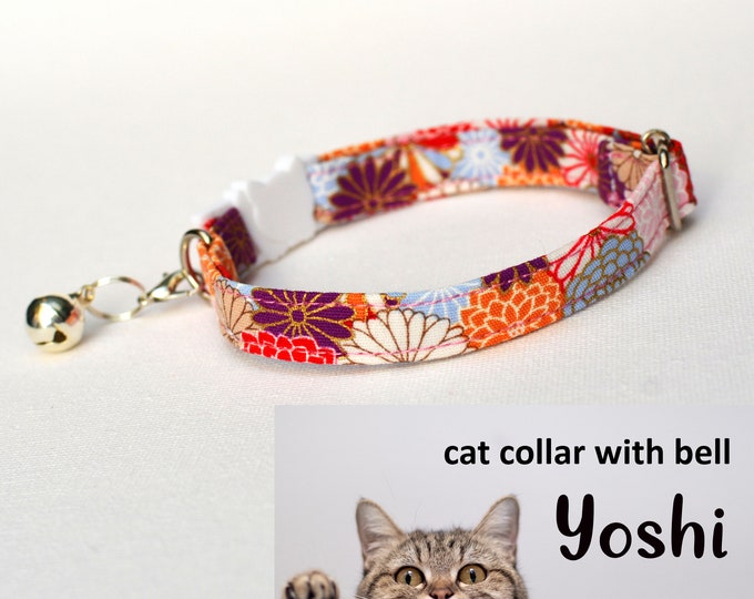 Featured listing image: Cat collar with bell Yoshi/ Japanese floral cat kitten collar, small dog collar, Crafts4Cats