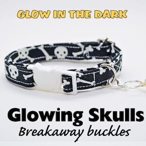 Cat Collar - Glow in the dark Skulls, Halloween collar for cats, kitten collar, black collar, small dog collar, Crafts4Cats