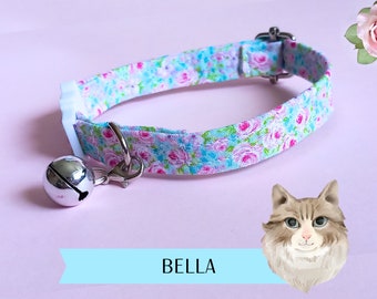 Roses cat collar 'Bella' with bell | patel blue and pink roses cat collar, kitten, handmade by Crafts4Cats