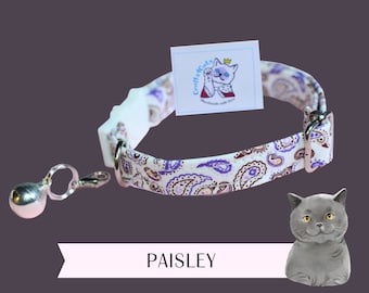 Cat collar 'Paisley' with bell / purple floral cat collar with rose, kitten collar, cute cat collar with bell, dog collar / CRAFTS4CATS