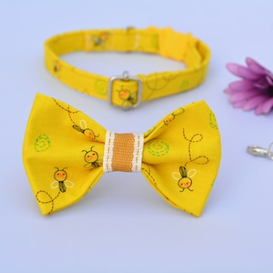 Bow tie cat collar set &#39;Little Bee&#39; / yellow cat collar with bell, kitten collar, small toy dog collar