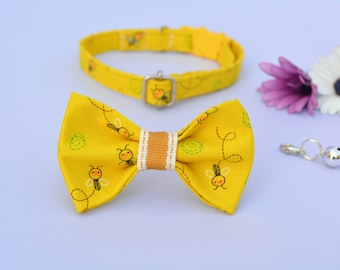 Bow tie cat collar set 'Little Bee' / yellow cat collar with bell, kitten collar, small toy dog collar