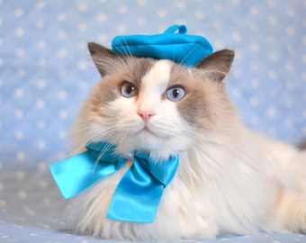 Kawaii Style - French beret hat & blue bow tie / Blue beret hat for cat / hats for dogs / hat for pet / costumes for cat and dog