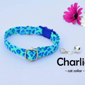 Cat collar with bell &#39;Charlie&#39;  blue leopard cat collar / kitten collar breakaway, small toy dog collar