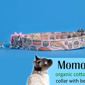 Cat collar Momo (breakaway) / organic cotton collar, kitten collar, cat collar with bell, pink sushi collar