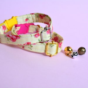 Cat collar &#39;Yellow Rose&#39;&#39; with bell, floral cat collar, breakaway cat collar, yellow cat collar, girl cat collar, pink rose collar