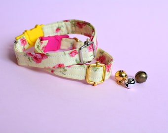 Cat collar 'Yellow Rose'' with bell, floral cat collar, breakaway cat collar, yellow cat collar, girl cat collar, pink rose collar