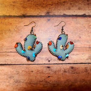 Plush Cactus Earrings, Sewn Cactus Earrings, Cactus Earrings With Stones, Western Wear, Western Earrings, Cactus Earrings,Gifts for Teachers