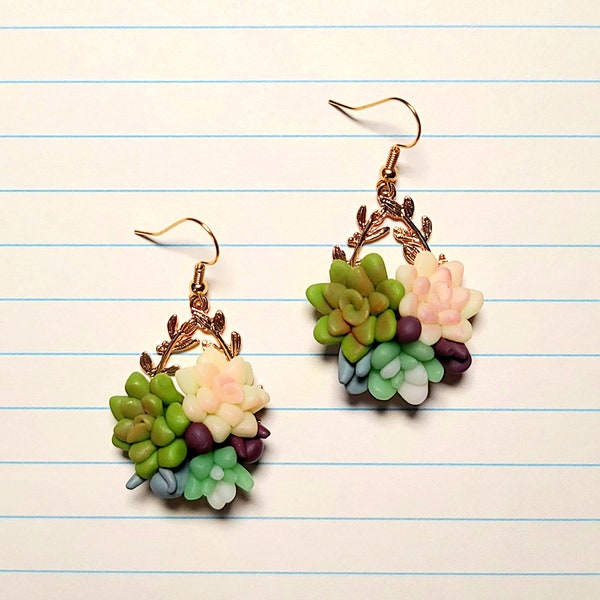 Succulent Earrings, Polymer Clay Earrings, Plant Earrings, Gold Teardrop Succulent Earrings