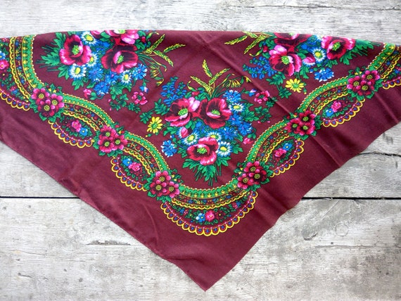 Brown woolen shawl floral woolen pattern Vintage … - image 1